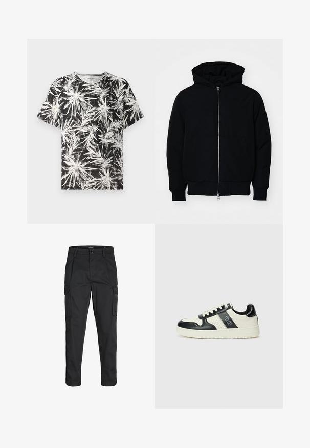 Black hooded jacket with front zipper, kangaroo pocket, ribbed cuffs, and hem, displayed on a plain white background.; Black t-shirt featuring a white abstract palm leaf pattern, short sleeves, and a round neckline, made of lightweight cotton fabric.; Black cargo pants made of sturdy fabric, featuring multiple pockets, a button closure, and a slim fit design with tapered legs.; Leather sneakers with a black and cream color scheme, featuring perforated accents, a padded collar, and a textured outsole.