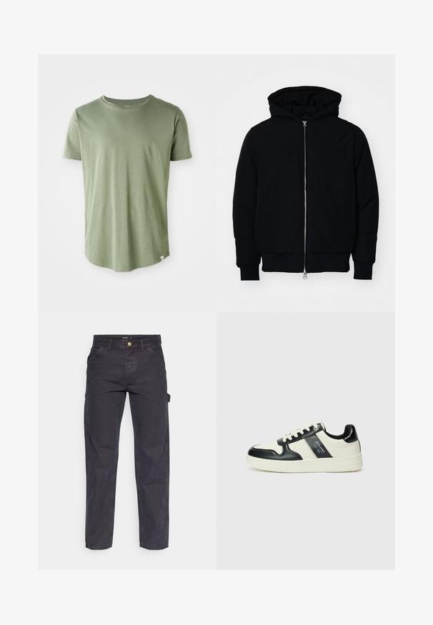 Jachetă neagră cu glugă, cu fermoar în față, buzunar tip kangaroo, mansete și tiv ribbed, prezentată pe un fundal alb simplu.; Tricou cu mânecă scurtă, verde deschis, dintr-un material moale, cu guler tip crew, sucit la margine, având o mică etichetă detaliată în partea stângă jos.; Pantaloni cargo gri închis, confecționați dintr-un material durabil, cu croială dreaptă, cinci buzunare și închidere cu nasture la talie.; Tenisi din piele cu un scheme de culori negru și crem, dotati cu accente perforate, guler căptușit și o talpă texturată.