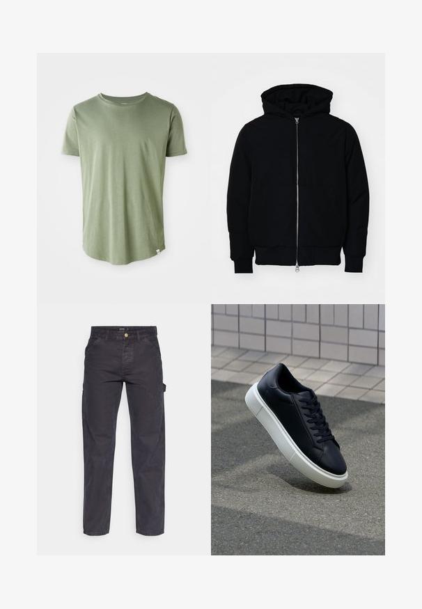 Črna kapuca jakna s sprednjim zadrgo, kenguru žepom, rebrastimi manšetami in hemom, razstavljena na enostavni beli ozadju.; Majica s kratkimi rokavi v svetlo zeleni barvi, iz mehkega materiala, okrogla ovratnika, raven rob, z majhnim oznakom na spodnjem levem delu.; Temno sivi cargo hlače iz trpežnega materiala, z ravnim krojem nogavic, petimi žepi in gumbom za zapiranje v pasu.; Črne usnjene superge z zaobljenim prstom in belim gumijastim podplat. Imajo ravne vezalke in minimalno šivanje na zgornjem delu. Teksturirani podplat za oprijem.