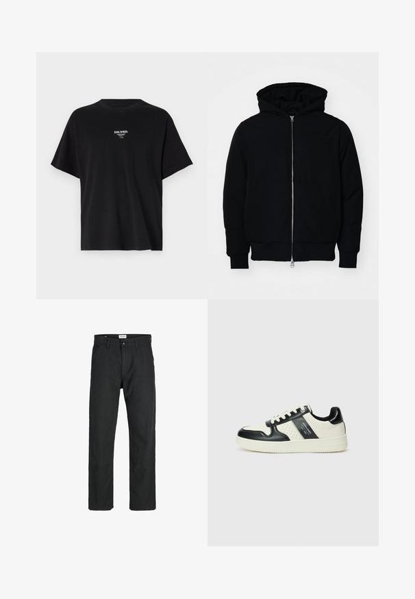 Mustaga kapuutsiga jakk, millel on esineed, kenguru tasku, soonikkoes, ja alläär, esitatud lihtsal valgel taustal.; Must mustärg t-särk laia lõikega, lühikeste varrukatega ja ümar kaelus. Esiküljel on valge teksti print "ESS.WRD." ja lihtne disain.; Mustad mustad, mis on valmistatud vastupidavast kangast, sirge jala disainiga, õmmeldud detailidega ja kahe eesmise taskuga funktsionaalsuse jaoks.; Nahatud nahkkingad musta ja kreemi värviskeemiga, millel on perforeeritud aktsendid, pehme krae ja tekstureeritud tallad.