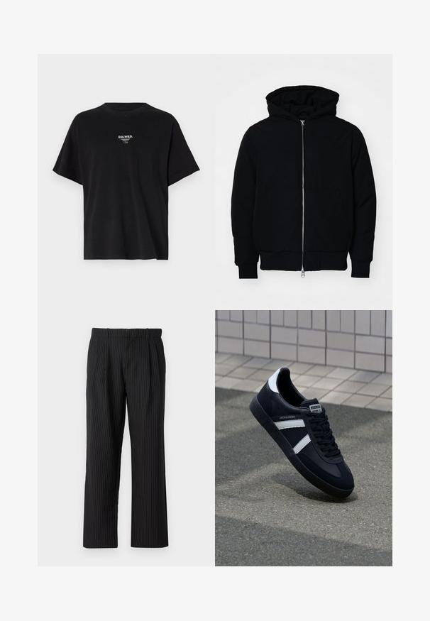 Juodas gobtuvėlis su priekiniu užtrauktuku, kengūros tipo kišene, lygiais rankogaliais ir apvadu, pateiktas ant vientiso balto fono.; Juodas medvilnės marškinėliai su laisvu siluetu, trumpomis rankovėmis ir apvaliu iškirpimu. Ant priekio yra baltos spalvos užrašas "ESS.WRD." ir paprastas dizainas.; Jack & Jones JPSTBILL JJDAYTONA WIDE - Kelnės - black; Juodas odinis sportinis batelis su baltais dryžiais, tekstūruota gumine padais ir raišteliais priekyje. Yra prekės ženklą žymintis etiketė ant liežuvio.