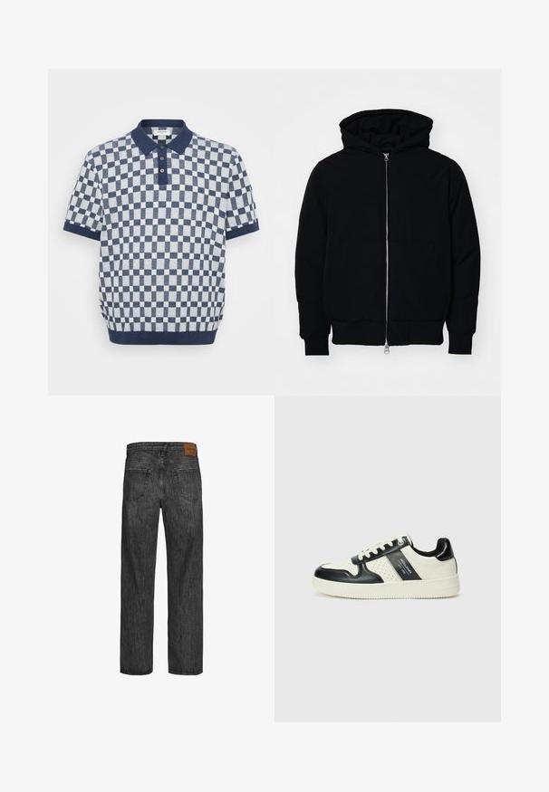 Črna kapuca jakna s sprednjim zadrgo, kenguru žepom, rebrastimi manšetami in hemom, razstavljena na enostavni beli ozadju.; Karirana polo majica v mornarsko modri in beli barvi, kratki rokavi, z ribanim ovratnikom in gumbnim zapenjanjem. Pletena tekstura z izmeničnimi kvadrati.; Črne denim hlače s pravim krojem, petimi žepi in rjavim usnjenim označevalnikom na pasu. Teksturirana tkanina z detajli šivanja.; Usnjeni športni čevlji z črno in krem barvno shemo, ki vključujejo perforirane dodatke, podložen ovratnik in strukturirano podplat.