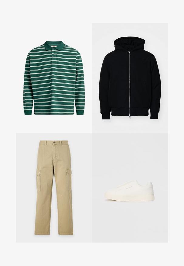 Crna kapuška jakna s prednjim zatvaračem, kenguru džepom, rebrastim manžetama i rubom, prikazana na običnoj bijeloj pozadini.; Polo majica dugih rukava u tamnozelenoj boji s bijelim horizontalnim prugama. Ima klasičan ovratnik, plaket s tri gumba i rebraste manžete.; Bež cargo hlače izrađene od pamuka, s dva bočna džepa, zatvaranjem na gumb i ravnim nogavicama od blago teksturirane tkanine.; Bijele slip-on tenisice s teksturiranom površinom, debelim đonom i minimalističkim dizajnom. Sadrže logo branda sa strane.