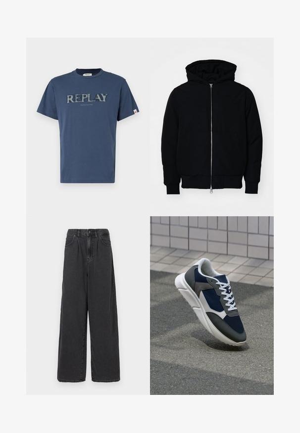 Mustaga kapuutsiga jakk, millel on esineed, kenguru tasku, soonikkoes, ja alläär, esitatud lihtsal valgel taustal.; Tumedast sinine puuvillane T-särk ümmarguse kaelusega, millel on kulunud "REPLAY" logo ja "KAHEKSAKÜMMEND ÜKSMI" tekst ees.; Laiad, kõrgema vöökohaga mustad denimipüksid, millel on ees nupuga ja tõmblukuga sulgemine, külgpocketid ja sile tekstuur.; Sneaker, mille sinine võrkkangas, hallid nubukdetailid, valge kummitald ja lamedad valged paelad, disainitud mugavuseks ja hingavuseks.