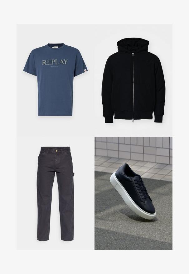 Chaqueta negra con capucha, cierre frontal, bolsillo tipo canguro, y puños y dobladillo acanalados, exhibida sobre un fondo blanco liso.; Camiseta de algodón azul marino con cuello redondo, que presenta un logo desgastado de "REPLAY" y el texto "NINETEEN EIGHTY-ONE" en la parte delantera.; Pantalones cargo de color gris oscuro, confeccionados con un tejido duradero, que presentan un corte recto, cinco bolsillos y un cierre de botón en la cintura.; Zapatilla de cuero negro con punta redonda y suela de goma blanca. Presenta cordones planos y un mínimo de costuras en la parte superior. Suela texturizada para proporcionar agarre.