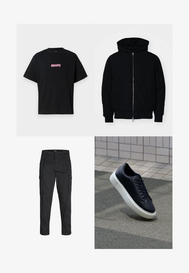 Mustaga kapuutsiga jakk, millel on esineed, kenguru tasku, soonikkoes, ja alläär, esitatud lihtsal valgel taustal.; Mustmustelane T-särk lühikeste varrukatega. Esiküljel on keskel roosa graafiline tekst "KASVA KASVATA". Lihtne disain, mugav lõige.; Mustad mustapõlvik, mis on valmistatud tugeva koe kasutades, sisaldab mitmeid taskuid, nupule kinnitatav sulgemine ja kitsenev disain.; Mustast nahast tennisetoss, millel on ümar nina ja valge kummist tall. Omab siredaid paelu ja minimaalset õmblemist ülemises osas. Tekstuuriga tald, mis tagab haakuvuse.