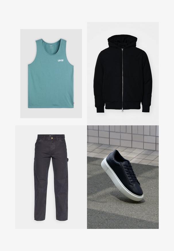 Svart huoodiejacka med framdragkedja, känguruficka, ribbade ärmslut och nederkant, uppställd mot en vit bakgrund.; Turkos linne i mjuk bomull med rund halsringning och "LEVI'S"-logotyp i vitt på vänster framsida. Rakt avslut.; Mörkgrå cargobyxor i slitstark tyg, med rak benform, fem fickor och knappstängning i midjan.; Svart lädersneaker med rundad tå och vit gummisula. Har platta snören och minimal sömnad på ovansidan. Texturerad sula för grepp.