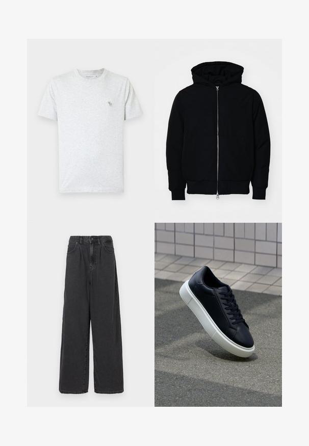 Zwarte hoodie met rits aan de voorkant, kangoeroe-pocket, geribbelde manchetten en zoom, weergegeven op een effen witte achtergrond.; Lichtgrijze t-shirt van zachte katoen, met een ronde hals en korte mouwen. Klein groen dierenlogo op de bovenste linkerborst.; Brede pijpen, hooggewaste zwarte denim broek met een sluiting met een knoop en rits aan de voorkant, voorzien van zijzakken en een soepele textuur.; Zwarte leren sneaker met een ronde neus en een witte rubberen zool. Voorzien van platte veters en minimale stiksels op het bovenwerk. Textuurrijke zool voor grip.