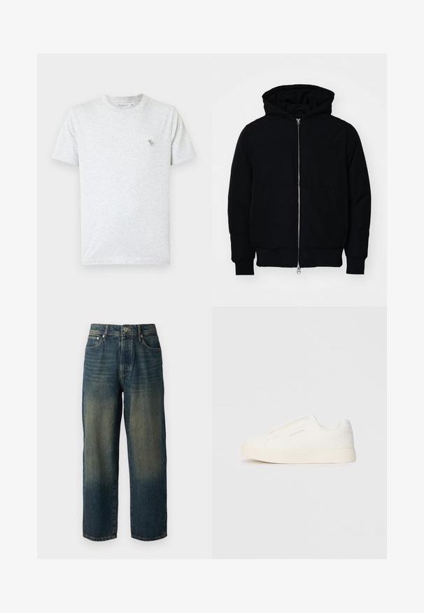 Black hooded jacket with front zipper, kangaroo pocket, ribbed cuffs, and hem, displayed on a plain white background.; Light gray t-shirt made of soft cotton, featuring a crew neck and short sleeves. Small green animal logo on the upper left chest.; Blue denim jeans with a straight cut, featuring a faded design with lighter shades towards the hem, five pockets, and a button closure.; White slip-on sneakers with a textured surface, a thick sole, and minimalistic design. Features brand logo on the side.