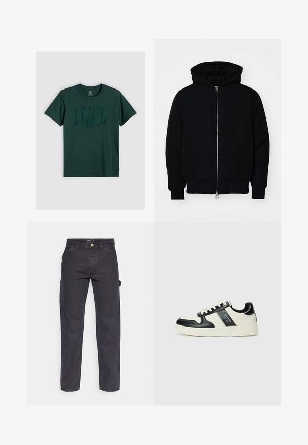 Mustat huppu-untuvatakki, jossa on vetoketju edessä, kenguru-tasku, ribatut hihansuut ja helma, esillä yksinkertaisella valkoisella taustalla.; T-paita tummanvihreää puuvillaa, jossa on lyhyet hihat, tummanvihreä teksturoitu LEVI'S-logo, pyöreä kaula-aukko ja suora helma.; Tummanharmaat cargo-housut, jotka on valmistettu kestävästä kankaasta. Niissä on suora lahkeellinen leikkaus, viisi taskua ja nappikiinnitys vyötäröllä.; Nahkakengät musta-kerma värimaailmassa, joissa on rei'itetyt yksityiskohdat, pehmustettu nilkkaosa ja teksturoitu pohja.