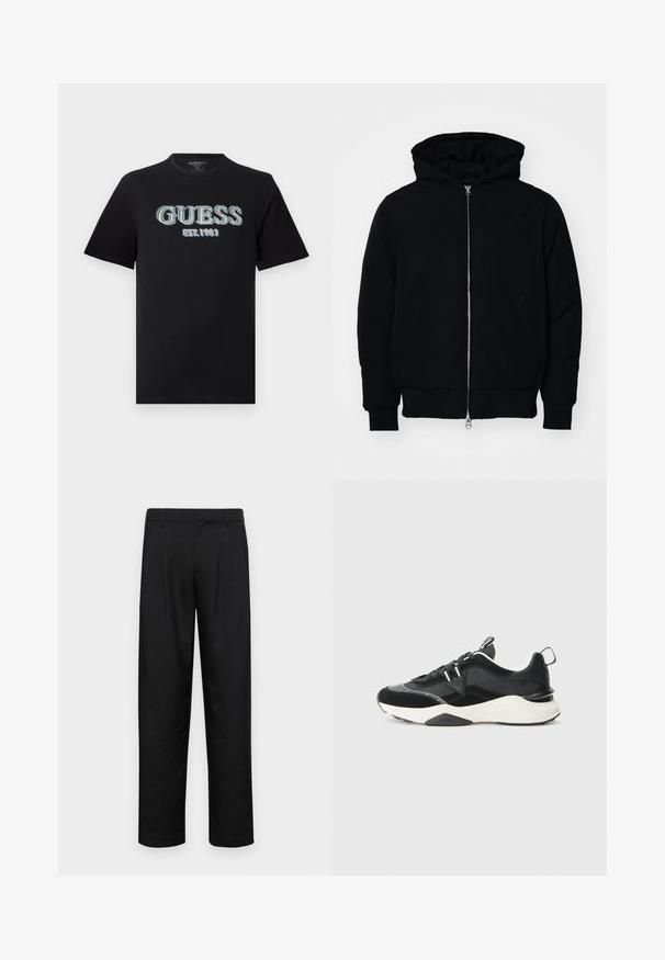 Juodas gobtuvėlis su priekiniu užtrauktuku, kengūros tipo kišene, lygiais rankogaliais ir apvadu, pateiktas ant vientiso balto fono.; Juodas medvilninis marškinėliai su išskirtiniu mėlynu ir baltu siuvinėjimu "GUESS" logotipu, po kuriuo yra užrašas "EST. 1981". Trumpomis rankovėmis ir apvaliu kaklu.; Juodi kelnių modeliai, pagaminti iš lygios medžiagos, turi tiesią kojas, du priekiniai klostės ir standartinę juosmenį su diržo kilpomis.; Juodi sportbačiai, pagaminti iš aksomo ir tinklelio medžiagų, su masyviais baltais padais ir atspindinčiais akcentais. Ryškios raišteliais ir su šoniniais kilpos.
