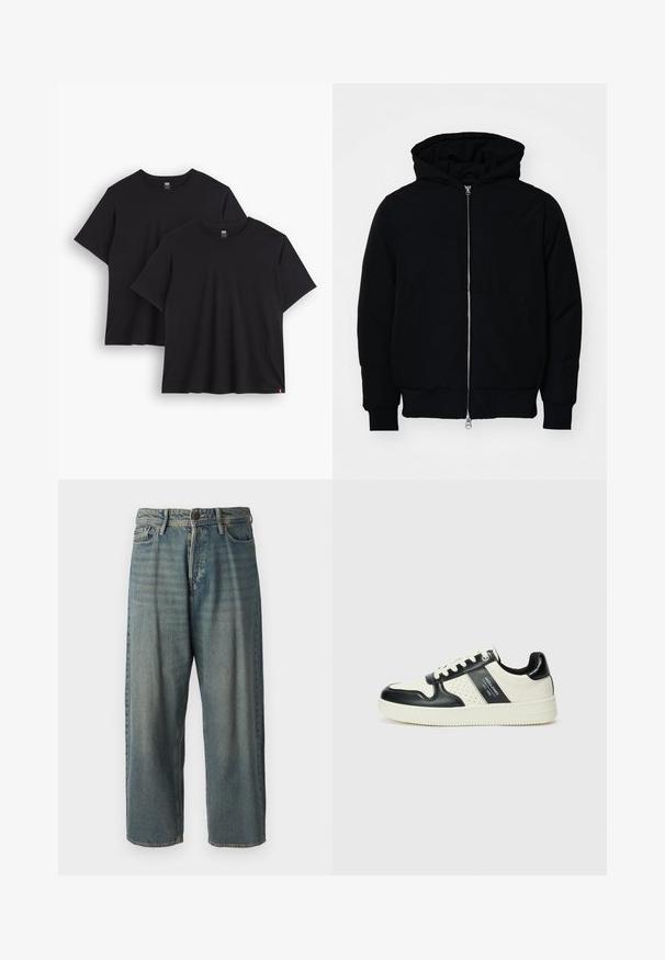 Fekete kapucnis dzseki elülső cipzárral, kenguruzsebbel, bordázott mandzsettákkal és aba, egy sima fehér háttér előtt.; Két fekete pamut póló rövid ujjú, kerek nyakkal és laza szabással. Mindkettő szegélyén egy kis szőtt címke található.; Világoskék farmernadrág, laza fazonnal, közepes derékbőséggel és egyenes szárral. Öt zsebet, övbucskát és gombos záródást tartalmaz.; Fekete és krém színű bőrsneaker, perforált díszítésekkel, párnázott bokapánttal és texturált talppal.