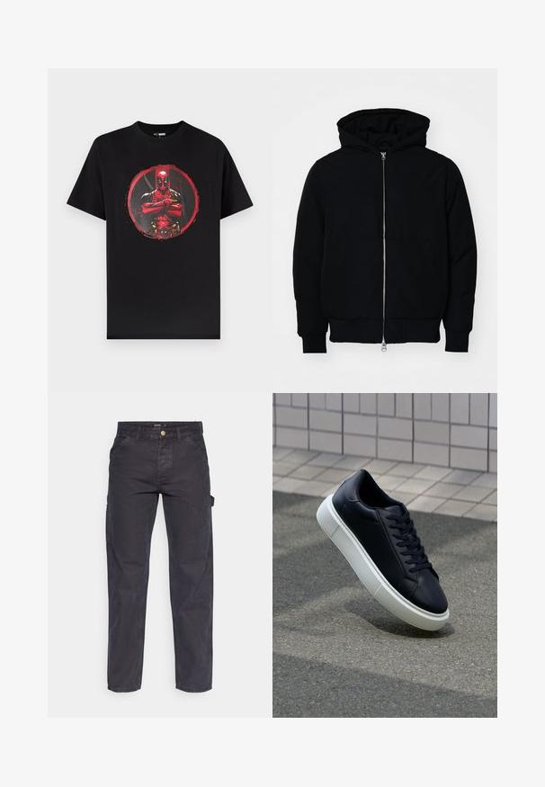 Schwarze Kapuzenjacke mit Frontreißverschluss, Kängurutasche, gerippten Bündchen und Saum, auf einem schlichten weißen Hintergrund präsentiert.; Schwarzes Baumwoll-T-Shirt mit einem Grafikdruck eines maskierten Charakters in Rot und Schwarz, zentriert innerhalb eines roten Kreisakzents.; Dunkelgraue Cargo-Hosen aus strapazierfähigem Stoff, mit geradem Bein, fünf Taschen und einem Knopfverschluss an der Taille.; Schwarze Leder-Sneaker mit runder Zehenpartie und weißer Gummisohle. Verfügt über flache Schnürsenkel und minimale Nähte im Obermaterial. Strukturiertes Sohlenprofil für besseren Halt.