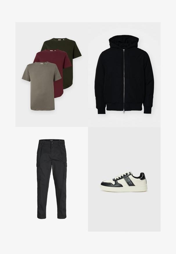Black hooded jacket with front zipper, kangaroo pocket, ribbed cuffs, and hem, displayed on a plain white background.; Three short-sleeve T-shirts in olive green, burgundy, and gray, made from soft cotton, featuring a crew neck and a relaxed fit.; Black cargo pants made of sturdy fabric, featuring multiple pockets, a button closure, and a slim fit design with tapered legs.; Leather sneakers with a black and cream color scheme, featuring perforated accents, a padded collar, and a textured outsole.