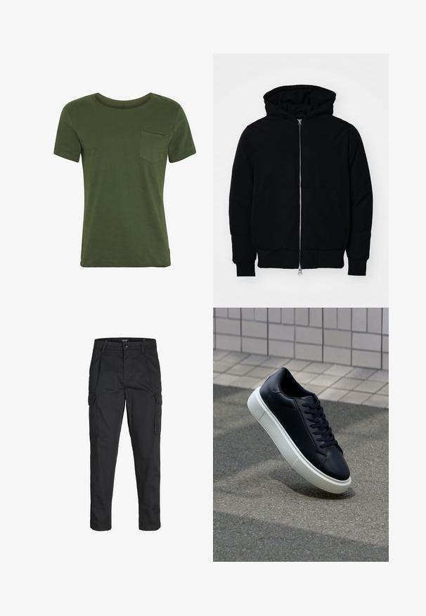 Svart huoodiejacka med framdragkedja, känguruficka, ribbade ärmslut och nederkant, uppställd mot en vit bakgrund.; Grön bomullströja med korta ärmar, rund halsringning och en bröstficka. Har minimalt med sömmar och en slät, mjuk textur.; Svarta cargobyxor tillverkade av hållbart tyg, med flera fickor, knappstängning och en smal passform med avsmalnande ben.; Svart lädersneaker med rundad tå och vit gummisula. Har platta snören och minimal sömnad på ovansidan. Texturerad sula för grepp.