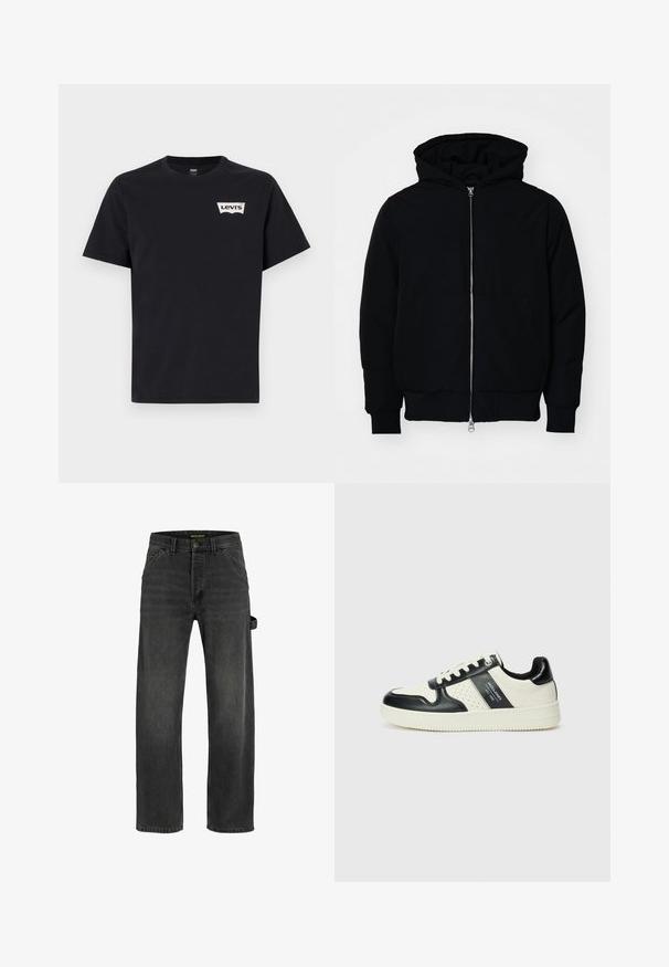 Chaqueta negra con capucha, cierre frontal, bolsillo tipo canguro, y puños y dobladillo acanalados, exhibida sobre un fondo blanco liso.; Camiseta de algodón negra con mangas cortas, cuello redondo, y un pequeño logo blanco de Levi's en el lado izquierdo del pecho.; Jeans de mezclilla gris oscuro con corte recto, cinco bolsillos, cierre de botón metálico y detalle de tiras laterales.; Zapatillas de cuero con un esquema de colores negro y crema, que cuentan con acentos perforados, un collar acolchado y una suela texturizada.