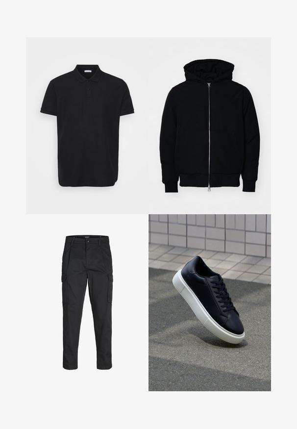 Sort hættejakke med frontlynlås, kængurulomme, ribbede manchetter og kant, præsenteret på en ensfarvet hvid baggrund.; Sort polo shirt i ribbet tekstur, med klassisk krave, tre-knaps stolpe og diskret logo accent på venstre bryst.; Sorte cargo-bukser lavet af slidstærkt stof, der har flere lommer, en knaplukning og et slim fit design med smalle ben.; Sort lædersneaker med rund tå og hvid gummisål. Har flade snørebånd og minimal syning på overdelen. Tekstureret sål for bedre greb.