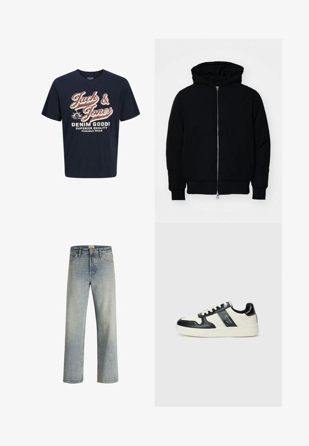 Black hooded jacket with front zipper, kangaroo pocket, ribbed cuffs, and hem, displayed on a plain white background.; Navy blue cotton t-shirt with a round neckline. Features bold white and red text: “Jack & Jones,” “DENIM GOODS,” and additional phrases.; Light blue denim jeans with a straight-leg design, high waist, and subtle fading. Features five pockets and a traditional button fly.; Leather sneakers with a black and cream color scheme, featuring perforated accents, a padded collar, and a textured outsole.