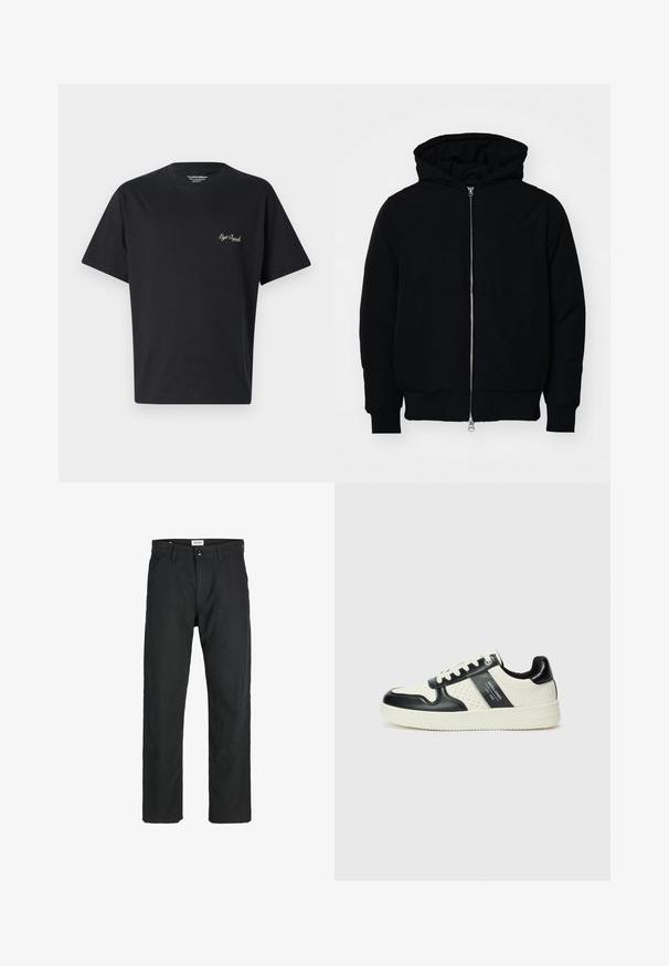 Juodas gobtuvėlis su priekiniu užtrauktuku, kengūros tipo kišene, lygiais rankogaliais ir apvadu, pateiktas ant vientiso balto fono.; Juoda medvilnės marškinėliai su apvalia iškirpte, trumpomis rankovėmis ir maža, kontrastingos spalvos siuvinėta logotipu ant krūtinės.; Juodi kelniai, pagaminti iš tvirto audinio, su tiesiomis kojomis, siuvinėtomis detalėmis ir dviem priekinėmis kišenėmis funkcionalumui.; Odiniai sportbačiai juodos ir kreminės spalvų schemoje, su perforuotais akcentais, paminkštinta apykakle ir tekstūruotu padu.