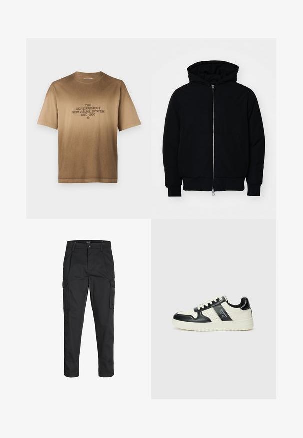 Black hooded jacket with front zipper, kangaroo pocket, ribbed cuffs, and hem, displayed on a plain white background.; Brown cotton t-shirt with short sleeves, featuring a centered graphic in dark brown text. Classic crew neckline, straight hem.; Black cargo pants made of sturdy fabric, featuring multiple pockets, a button closure, and a slim fit design with tapered legs.; Leather sneakers with a black and cream color scheme, featuring perforated accents, a padded collar, and a textured outsole.