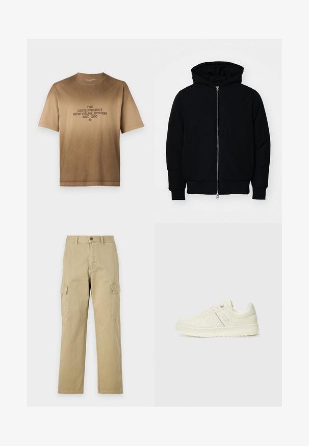 Black hooded jacket with front zipper, kangaroo pocket, ribbed cuffs, and hem, displayed on a plain white background.; Brown cotton t-shirt with short sleeves, featuring a centered graphic in dark brown text. Classic crew neckline, straight hem.; Beige cargo pants made of cotton, featuring two side pockets, a button closure, and straight legs with a slightly textured fabric.; Cream-colored sneaker with perforated detailing, laces, and logo on the side, displayed against a plain white background.