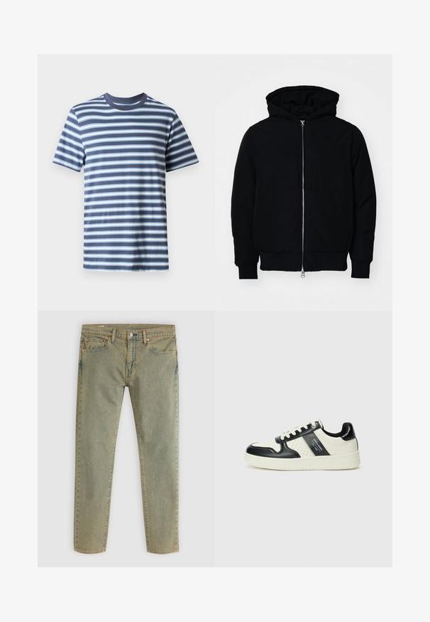 Svart hettejakke med frontglidelås, kengurulomme, ribbestrikket mansjetter og søm, vist på en ensfarget hvit bakgrunn.; Stripet t-skjorte i marineblått med lyseblå og hvite horisontale striper. Klassisk crew neck-design, laget av myk bomullsstoff.; Lys grønne jeans i denim med rett ben-design. Har front- og baklommer, kobbernitter og beige søm.; Lædersneakers med sort og creme farveskema, der har perforerede detaljer, en polstret krave og en struktureret ydersål.