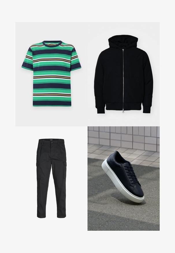 Mustaga kapuutsiga jakk, millel on esineed, kenguru tasku, soonikkoes, ja alläär, esitatud lihtsal valgel taustal.; Lühikeste varrukatega T-särk, millel on horisontaalsed triibud rohelises, meresinises, valges, kollases ja mustas värvitoonis. Ümar kaelus, tavaline lõige ja puuvillane materjal.; Mustad mustapõlvik, mis on valmistatud tugeva koe kasutades, sisaldab mitmeid taskuid, nupule kinnitatav sulgemine ja kitsenev disain.; Mustast nahast tennisetoss, millel on ümar nina ja valge kummist tall. Omab siredaid paelu ja minimaalset õmblemist ülemises osas. Tekstuuriga tald, mis tagab haakuvuse.