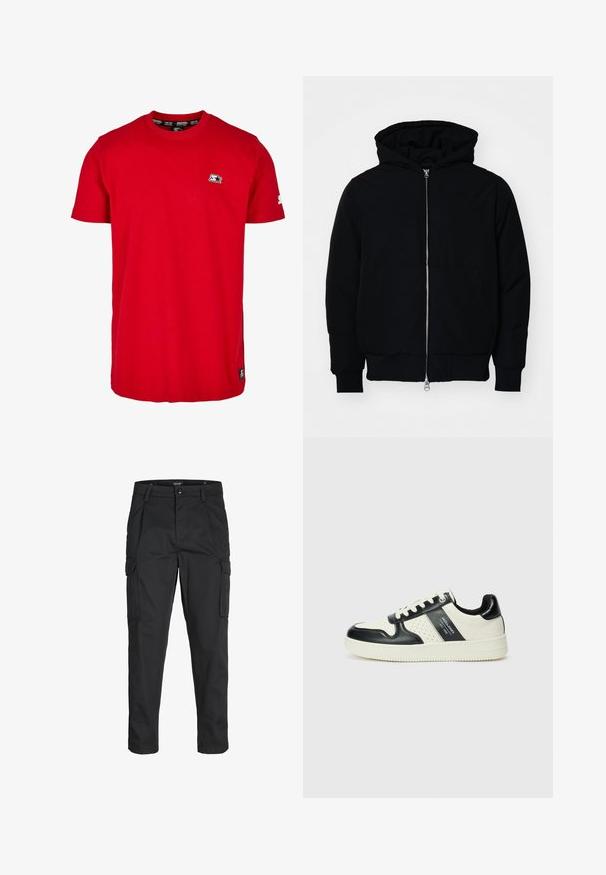 Crna kapuška jakna s prednjim zatvaračem, kenguru džepom, rebrastim manžetama i rubom, prikazana na običnoj bijeloj pozadini.; Crvena pamučna majica s kratkim rukavima, okruglim izrezom i malim crnim logom na lijevoj strani prsnog dijela i rukavu. Glatka, jednobojna tkanina.; Crne cargo hlače izrađene od čvrstog materijala, s brojnim džepovima, kopčanjem na gumb i dizajnom koji pomaže da se prilagode tijelu sa suženim nogavicama.; Kožne tenisice s crno-bijelom paletom boja, koje imaju perforirane akcentne detalje, podstavljeni ovratnik i teksturiranu potplat.