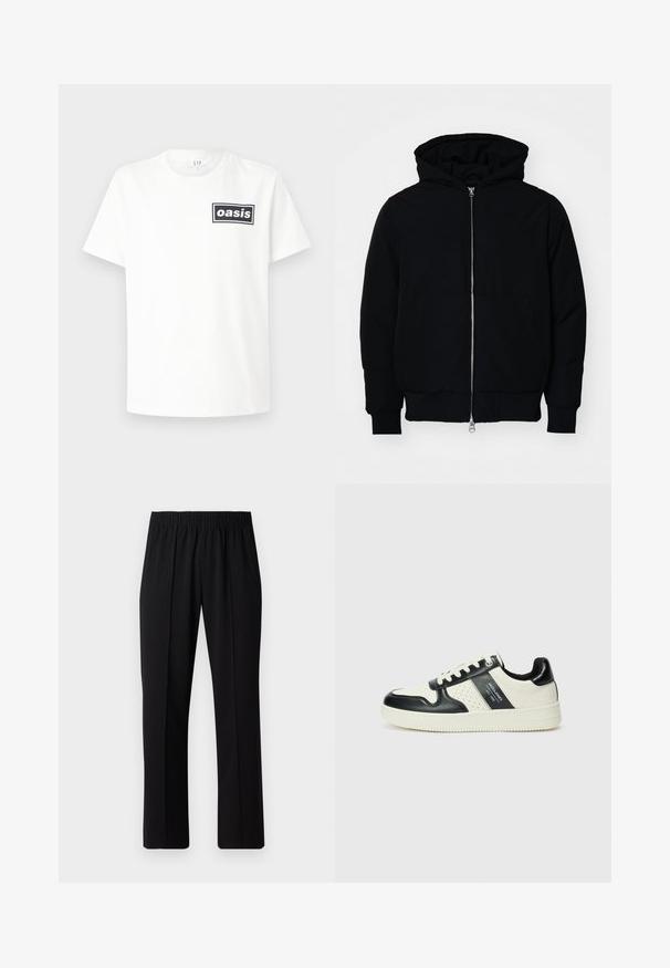 Fekete kapucnis dzseki elülső cipzárral, kenguruzsebbel, bordázott mandzsettákkal és aba, egy sima fehér háttér előtt.; Fehér pamut póló, fekete téglalap alakú logóval, amely középen az "oasis" szót tartalmazza. Rövid ujjak és klasszikus kerek nyakú dizájn.; Fekete, gumíros derekú nadrág egyenes szabással, sima felülettel, látható minták vagy fémrészek nélkül.; Fekete és krém színű bőrsneaker, perforált díszítésekkel, párnázott bokapánttal és texturált talppal.