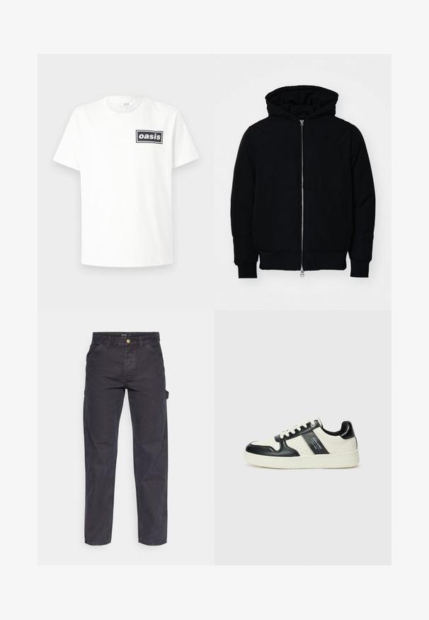 Chaqueta negra con capucha, cierre frontal, bolsillo tipo canguro, y puños y dobladillo acanalados, exhibida sobre un fondo blanco liso.; Camiseta de algodón blanca con un logo rectangular negro que presenta la palabra "oasis" centrada. Mangas cortas y un diseño clásico de cuello redondo.; Pantalones cargo de color gris oscuro, confeccionados con un tejido duradero, que presentan un corte recto, cinco bolsillos y un cierre de botón en la cintura.; Zapatillas de cuero con un esquema de colores negro y crema, que cuentan con acentos perforados, un collar acolchado y una suela texturizada.