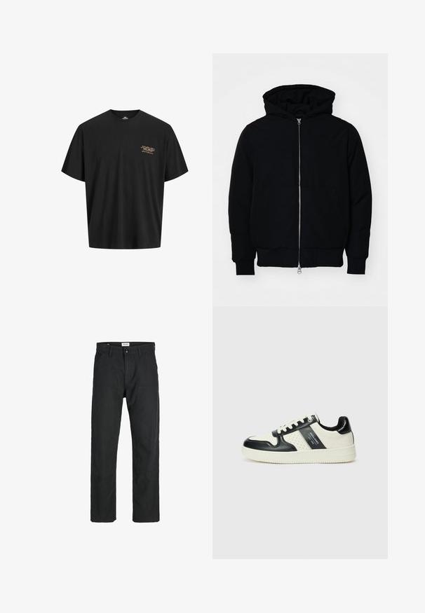 Melna kapucēta jaka ar priekšējo rāvējslēdzēju, kenguru kabatu, ribinātām aprocēm un apakšmalu, parādīta uz vienkārša balta fona.; Melna kokvilnas t-krekls ar brīvu piegriezumu. Uz kreisā krūšu sāna ir mazs, zeltainas krāsas logotips. Īsas piedurknes un apaļa kakla izgriezuma forma.; Melnas bikses no izturīga auduma, ar taisna griezuma dizainu, izšūtām akcentiem un divām priekšējām kabatām funkcionālitātei.; Ādas sporta apavi ar melnbaltu krāsu shēmu, ar perforētiem akcentiem, mīkstinātu apkakli un teksturētu zoli.
