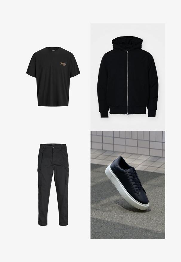 Čierna kapucňová bunda s predným zipsom, klokaními vreckami, rebrovanými manžetami a lemom, zobrazená na bielom pozadí.; Čierne bavlnené tričko s voľným strihom. Obsahuje malé, zlaté logo potlačené na ľavej hrudi. Krátke rukávy a okrúhly výstrih.; Čierne cargo nohavice z odolnej látky, s viacerými vreckami, gombíkovým zapínaním a úzkym strihom so zúženými nohavicami.; Čierne kožené tenisky s okrúhlou špičkou a bielou gumovou podrážkou. Majú ploché šnúrky a minimálne šitie na vrchu. Textúrovaná podrážka pre lepšiu priľnavosť.