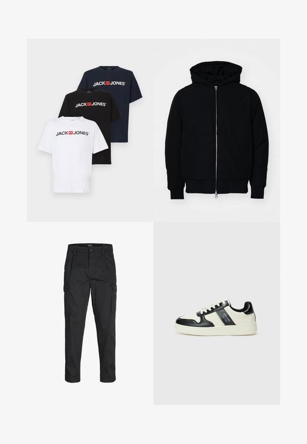 Mustaga kapuutsiga jakk, millel on esineed, kenguru tasku, soonikkoes, ja alläär, esitatud lihtsal valgel taustal.; Kolm lühikeste varrukatega T-särki valges, mustas ja tumesinises värvuses, mille esiosas on punane "JACK & JONES" logo. Valmistatud puuvillast sileda viimistlusega.; Mustad mustapõlvik, mis on valmistatud tugeva koe kasutades, sisaldab mitmeid taskuid, nupule kinnitatav sulgemine ja kitsenev disain.; Nahatud nahkkingad musta ja kreemi värviskeemiga, millel on perforeeritud aktsendid, pehme krae ja tekstureeritud tallad.