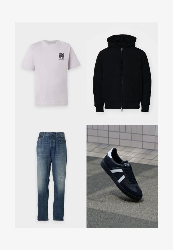 Schwarze Kapuzenjacke mit Frontreißverschluss, Kängurutasche, gerippten Bündchen und Saum, auf einem schlichten weißen Hintergrund präsentiert.; Kurzärmliges, helllila Baumwoll-T-Shirt mit einem Grafikdesign eines schwarzen Katers und Text auf der linken Brust. Rundhalsausschnitt und lockere Passform.; Denimjeans in einem verblassten Blau, mit geradem Beinschnitt, moderaten Abnutzungen an der Vorderseite und klassischem Fünf-Taschen-Design.; Schwarze Leder-Sneaker mit weißen Streifen, strukturiertem Gummisohle und Schnürung. Verfügt über ein Markenetikett auf der Zunge.