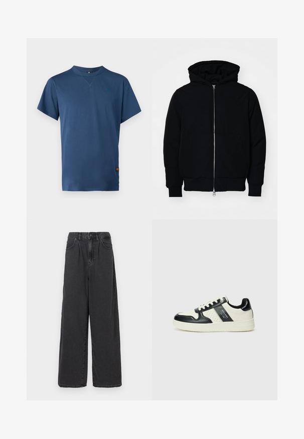 Črna kapuca jakna s sprednjim zadrgo, kenguru žepom, rebrastimi manšetami in hemom, razstavljena na enostavni beli ozadju.; Modra bombažna majica s kratkimi rokavi, okroglim izrezom in brezšivnimi rameni. Ima majhen logotip na prsih in oznako na robu.; Široke hlače iz črnega denima z visokim pasom, z zapiranjem na gumb in zadrgo spredaj, ki imajo stranske žepe in gladko teksturo.; Usnjeni športni čevlji z črno in krem barvno shemo, ki vključujejo perforirane dodatke, podložen ovratnik in strukturirano podplat.