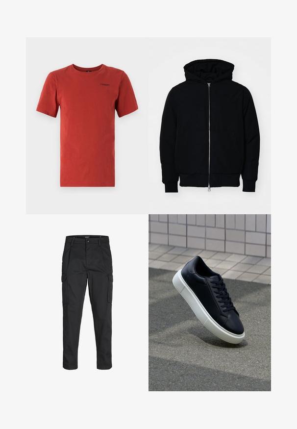 Sort hættejakke med frontlynlås, kængurulomme, ribbede manchetter og kant, præsenteret på en ensfarvet hvid baggrund.; G-STAR BASE - T-shirts basic - rusty red; Sorte cargo-bukser lavet af slidstærkt stof, der har flere lommer, en knaplukning og et slim fit design med smalle ben.; Sort lædersneaker med rund tå og hvid gummisål. Har flade snørebånd og minimal syning på overdelen. Tekstureret sål for bedre greb.