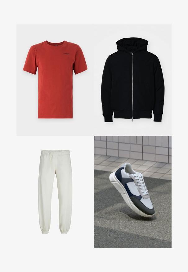 Melna kapucēta jaka ar priekšējo rāvējslēdzēju, kenguru kabatu, ribinātām aprocēm un apakšmalu, parādīta uz vienkārša balta fona.; G-STAR BASE - Pamata T-krekls - rusty red; Baltas treniņbikses, izgatavotas no mīkstas auduma, ar elastīgu jostu un piedurknēm, gluda tekstūra un brīva piegriezuma dizains.; Balti, tumši zili un pelēki sporta apavi ar jauktu materiālu dizainu, kuram ir teksturēts augšdaļa, plakani šņores un mīkstināta zole.