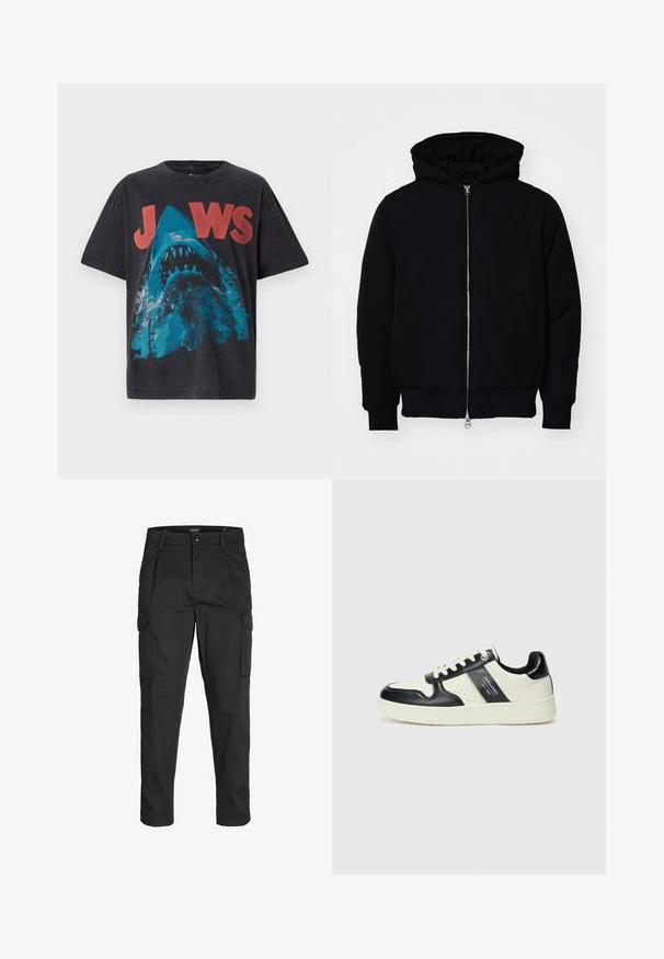 Črna kapuca jakna s sprednjim zadrgo, kenguru žepom, rebrastimi manšetami in hemom, razstavljena na enostavni beli ozadju.; Črna majica s kratkimi rokavi, ki ima na sprednji strani grafiko modrega morskega psa in rdeče napis "JAWS". Narejena je iz bombaža in ima standardno prileganje.; Črne cargo hlače iz trdnega blaga, ki imajo več žepov, gumbasto zapiranje in ozek kroj z zožanimi nogami.; Usnjeni športni čevlji z črno in krem barvno shemo, ki vključujejo perforirane dodatke, podložen ovratnik in strukturirano podplat.