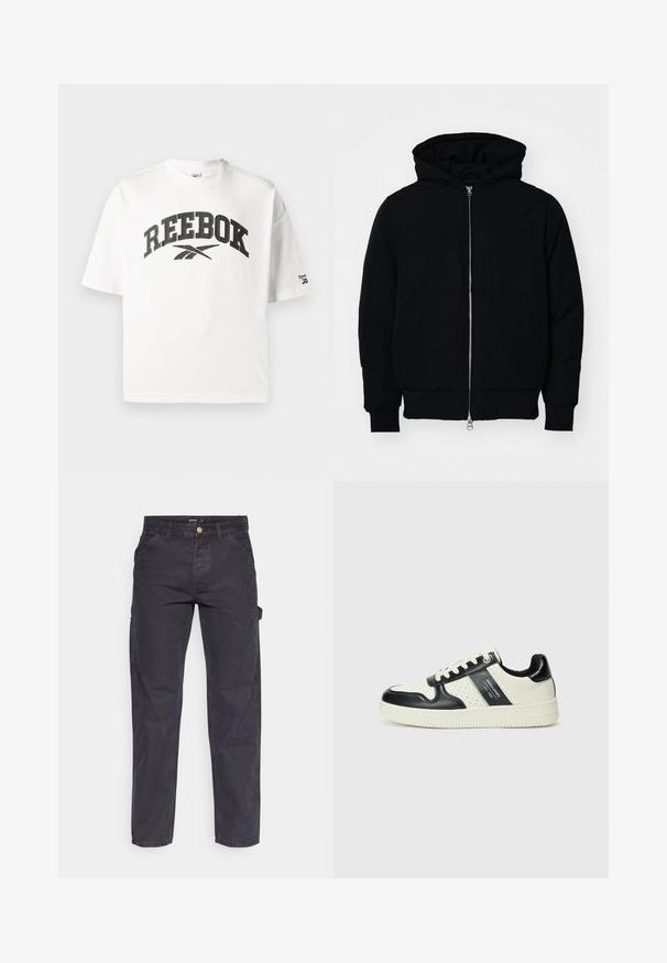 Černá kapucňová bunda s předním zipem, klokaní kapsou, vroubkovanými manžetami a spodním lemem, vystavená na čistém bílém pozadí.; Bílý bavlněný tričko s krátkým rukávem, se černým logem "REEBOK" a malým akcentem loga Reebok na levém rukávu.; Tmavě šedé cargo kalhoty vyrobené z odolné látky, s rovnými nohavicemi, pěti kapsami a knoflíkovým zapínáním v pase.; Kožené tenisky s černobílou barevnou kombinací, které mají perforované detaily, polstrovaný límec a texturovanou podrážku.
