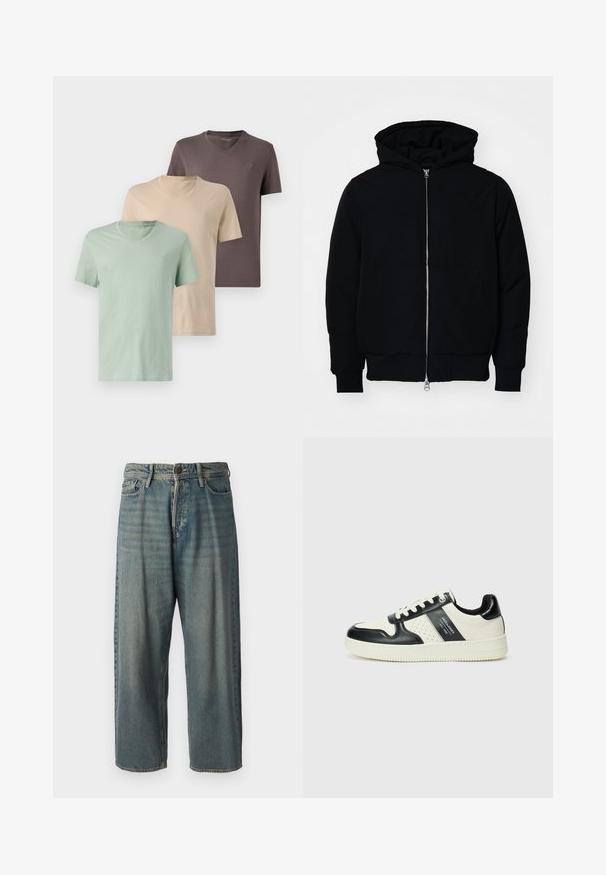Černá kapucňová bunda s předním zipem, klokaní kapsou, vroubkovanými manžetami a spodním lemem, vystavená na čistém bílém pozadí.; Tři trička s v-neck výstřihem v jemných barvách: zelená, béžová a hnědá. Krátké rukávy, měkká látka a malé logo na hrudi každého z nich.; Světle modré denimové džíny s volným střihem, středně vysokým pasem a rovnými nohavicemi. Obsahují pět kapes, poutka na opasek a zapínání na knoflík.; Kožené tenisky s černobílou barevnou kombinací, které mají perforované detaily, polstrovaný límec a texturovanou podrážku.