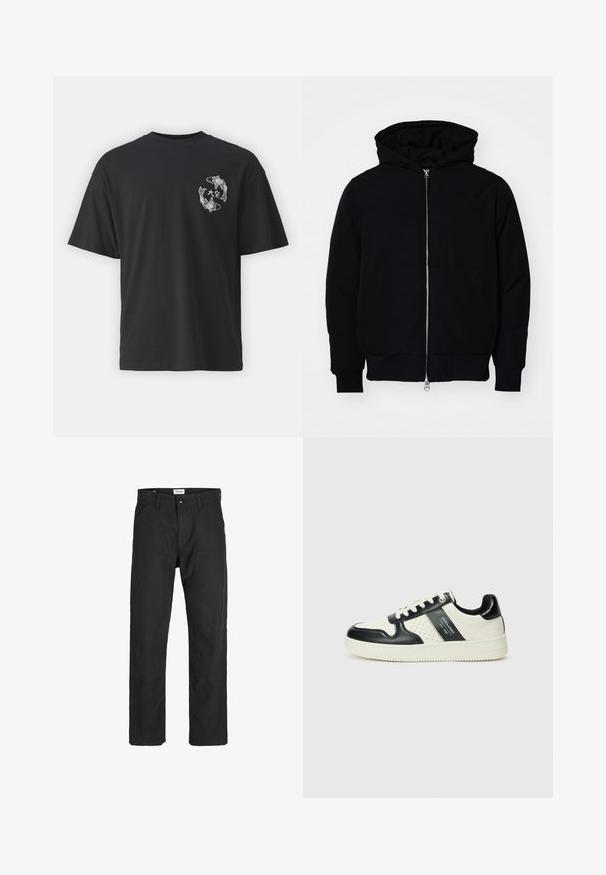 Zwarte hoodie met rits aan de voorkant, kangoeroe-pocket, geribbelde manchetten en zoom, weergegeven op een effen witte achtergrond.; Zwart katoenen T-shirt met een ontwerp op de voorkant van twee koi-vissen in het wit, ronde accenten en Japanse karakters erboven. Korte mouwen, relaxte fit.; Zwarte broeken gemaakt van duurzame stof, met een recht gesneden ontwerp, gestikte accenten en twee voorzakken voor functionaliteit.; Leren sneakers met een zwart en crèmekleurig kleurenschema, voorzien van geperforeerde accenten, een gevoerde kraag en een gestructureerde buitenzool.