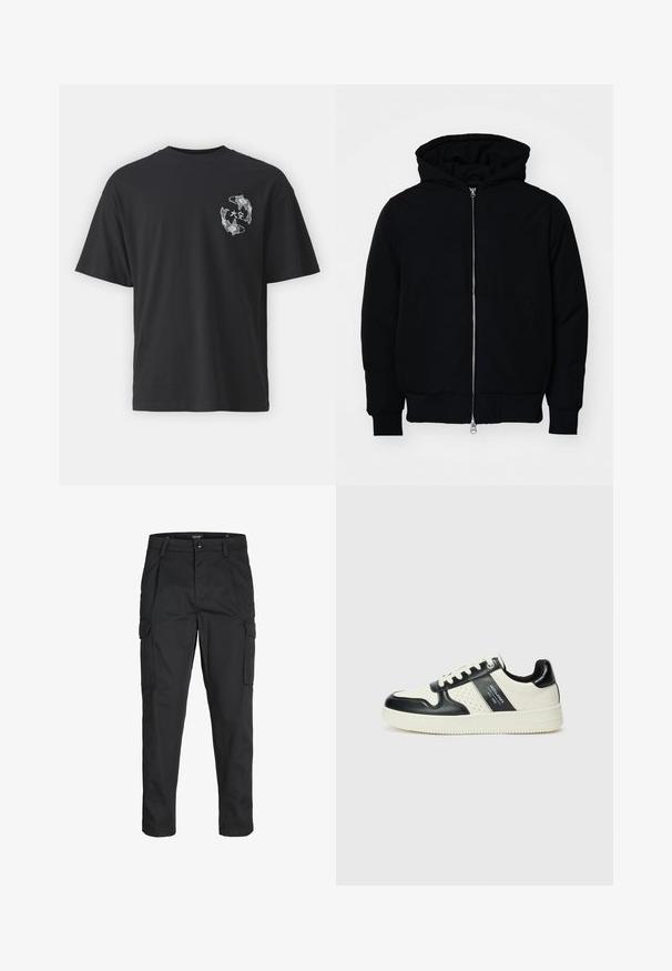 Juodas gobtuvėlis su priekiniu užtrauktuku, kengūros tipo kišene, lygiais rankogaliais ir apvadu, pateiktas ant vientiso balto fono.; Juodas medvilnės marškinėlis su priekine dizaino dalimi, kurioje pavaizduoti du koi karpiai balta spalva, su apvaliais akcentais ir japonų rašmenimis virš jų. Trumpomis rankovėmis, laisvas kirpimas.; Juodi krovinių tipo džinsai, pagaminti iš tvirto audinio, su keliais kišeniais, mygtuko uždarymu ir siauru, prigludusiu dizainu su siaurėjančiomis kojomis.; Odiniai sportbačiai juodos ir kreminės spalvų schemoje, su perforuotais akcentais, paminkštinta apykakle ir tekstūruotu padu.
