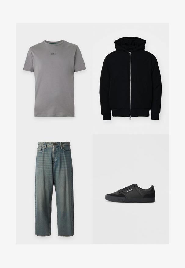 Fekete kapucnis dzseki elülső cipzárral, kenguruzsebbel, bordázott mandzsettákkal és aba, egy sima fehér háttér előtt.; Világosszürke, pamutból készült póló, rövid ujjal és kerek nyakkivágással. A mellkason feketével hímzett "REPLAY" felirat található.; Világoskék farmernadrág, laza fazonnal, közepes derékbőséggel és egyenes szárral. Öt zsebet, övbucskát és gombos záródást tartalmaz.; Fekete tornacipő, mely bőr és velúr anyagok keverékéből készült, kerek fűzőkkel, texturált gumitalppal, és egy márkázott logóval az oldalon.