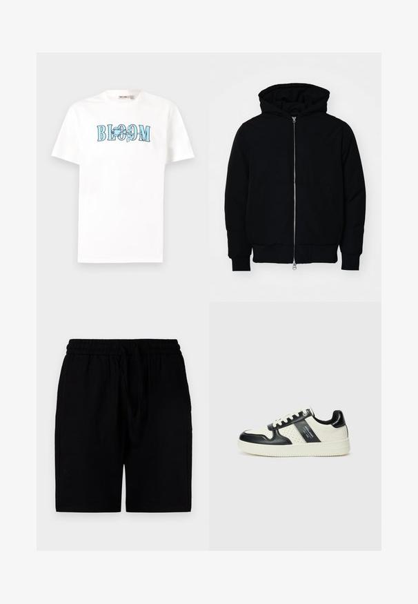 Schwarze Kapuzenjacke mit Frontreißverschluss, Kängurutasche, gerippten Bündchen und Saum, auf einem schlichten weißen Hintergrund präsentiert.; Weißes Baumwoll-T-Shirt mit kurzen Ärmeln und Rundhalsausschnitt, mit "BLOOM" in blauer Schrift und floralen Grafiken.; Schwarze Shorts aus leichtem Material mit einem elastischen Bund und Kordelzug, Seitentaschen und einem lockeren Schnitt.; Leder-Sneaker in Schwarz- und Cremetönen, mit perforierten Akzenten, einem gepolsterten Kragen und einer strukturierten Laufsohle.