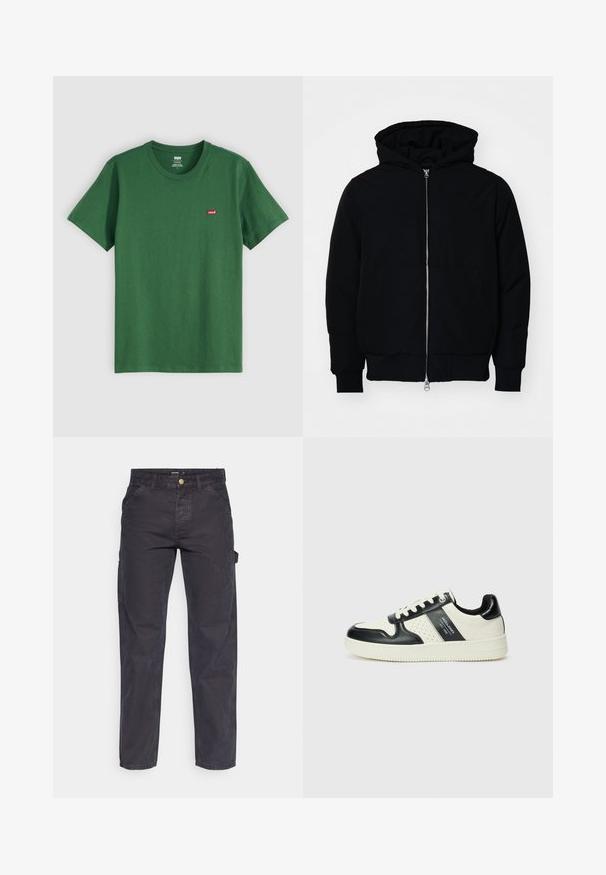 Mustaga kapuutsiga jakk, millel on esineed, kenguru tasku, soonikkoes, ja alläär, esitatud lihtsal valgel taustal.; Roheline puuvillane T-särk ümmarguse kaelusega, lühikeste varrukatega ja väikese punase Levi's logo'ga vasakul rinnal. Pehme tekstuur, tavaline sobivus.; Tumehallid cargo-püksid, mis on valmistatud vastupidavast kangast, sirge lõikega, viie tasku ja nupuga kinnitusega vööl.; Nahatud nahkkingad musta ja kreemi värviskeemiga, millel on perforeeritud aktsendid, pehme krae ja tekstureeritud tallad.