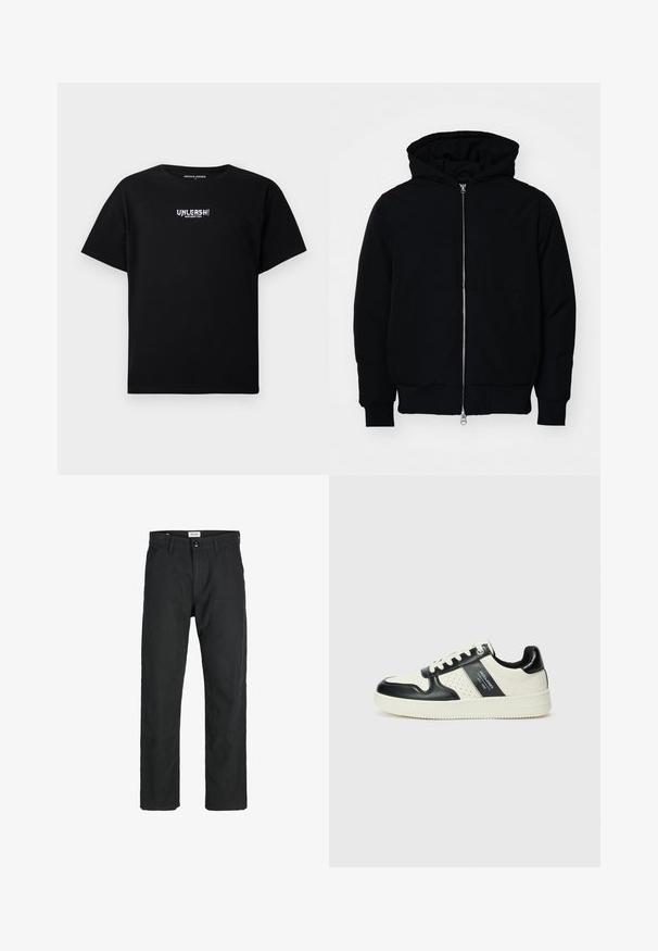 Črna kapuca jakna s sprednjim zadrgo, kenguru žepom, rebrastimi manšetami in hemom, razstavljena na enostavni beli ozadju.; Črna bombažna majica s kratkimi rokavi in okroglo ovratnikom. Spredaj je sredinsko natisnjen bel grafični napis "UNLEASH!".; Črne hlače iz trpežnega materiala, s krojem naravnih nog, našitki ter dvema sprednjima žepoma za funkcionalnost.; Usnjeni športni čevlji z črno in krem barvno shemo, ki vključujejo perforirane dodatke, podložen ovratnik in strukturirano podplat.