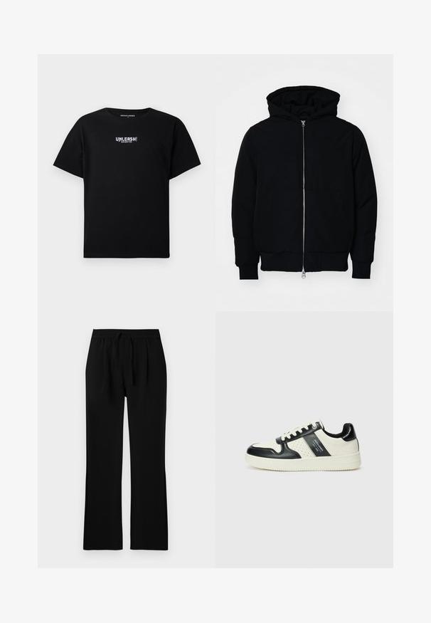 Črna kapuca jakna s sprednjim zadrgo, kenguru žepom, rebrastimi manšetami in hemom, razstavljena na enostavni beli ozadju.; Črna bombažna majica s kratkimi rokavi in okroglo ovratnikom. Spredaj je sredinsko natisnjen bel grafični napis "UNLEASH!".; Črne hlače sproščenega kroja, z elastiko in vrvico v pasu. Gladka tekstura, ravne noge, brez vidnih žepov.; Usnjeni športni čevlji z črno in krem barvno shemo, ki vključujejo perforirane dodatke, podložen ovratnik in strukturirano podplat.
