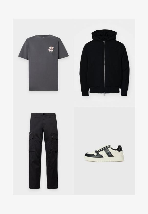 Black hooded jacket with front zipper, kangaroo pocket, ribbed cuffs, and hem, displayed on a plain white background.; Dark grey t-shirt in cotton with short sleeves. Features a pink floral graphic on the left side, round collar, and relaxed fit.; Black cargo pants featuring multiple pockets, a zippered pocket on thigh, straight fit, and sturdy cotton fabric with slight sheen.; Leather sneakers with a black and cream color scheme, featuring perforated accents, a padded collar, and a textured outsole.