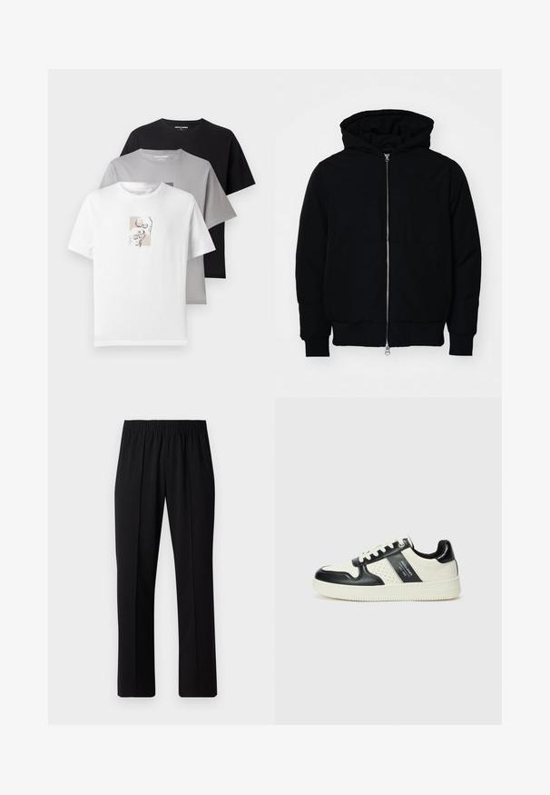 Fekete kapucnis dzseki elülső cipzárral, kenguruzsebbel, bordázott mandzsettákkal és aba, egy sima fehér háttér előtt.; Három póló: fehér, szürke és fekete. Rövid ujjak, kerek nyakkivágás. A fehér pólón finom grafikát láthatunk koponyákról. Pamut anyagú.; Fekete, gumíros derekú nadrág egyenes szabással, sima felülettel, látható minták vagy fémrészek nélkül.; Fekete és krém színű bőrsneaker, perforált díszítésekkel, párnázott bokapánttal és texturált talppal.
