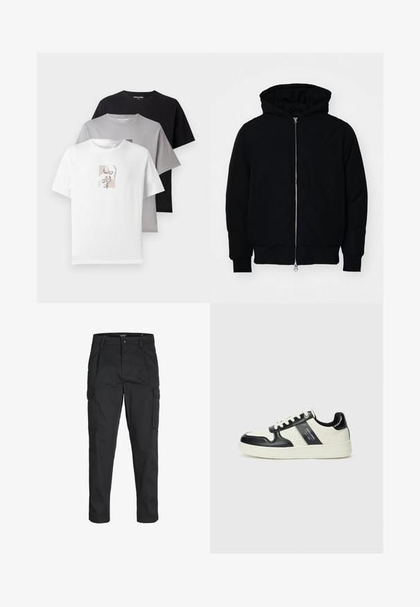 Jachetă neagră cu glugă, cu fermoar în față, buzunar tip kangaroo, mansete și tiv ribbed, prezentată pe un fundal alb simplu.; Trei tricouri în alb, gri și negru. Mâneci scurte, gât rotund. Tricoul alb are un design grafic subtil cu cranii. Material din bumbac.; Pantaloni cargo negri dintr-un material rezistent, cu multiple buzunare, închidere cu nasture și un design slim fit cu picioare conice.; Tenisi din piele cu un scheme de culori negru și crem, dotati cu accente perforate, guler căptușit și o talpă texturată.